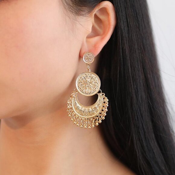 3/$35 Gold Tassel Drop Dangle Earrings Bohemian Sun Moon Round Chandelier - Picture 1 of 6